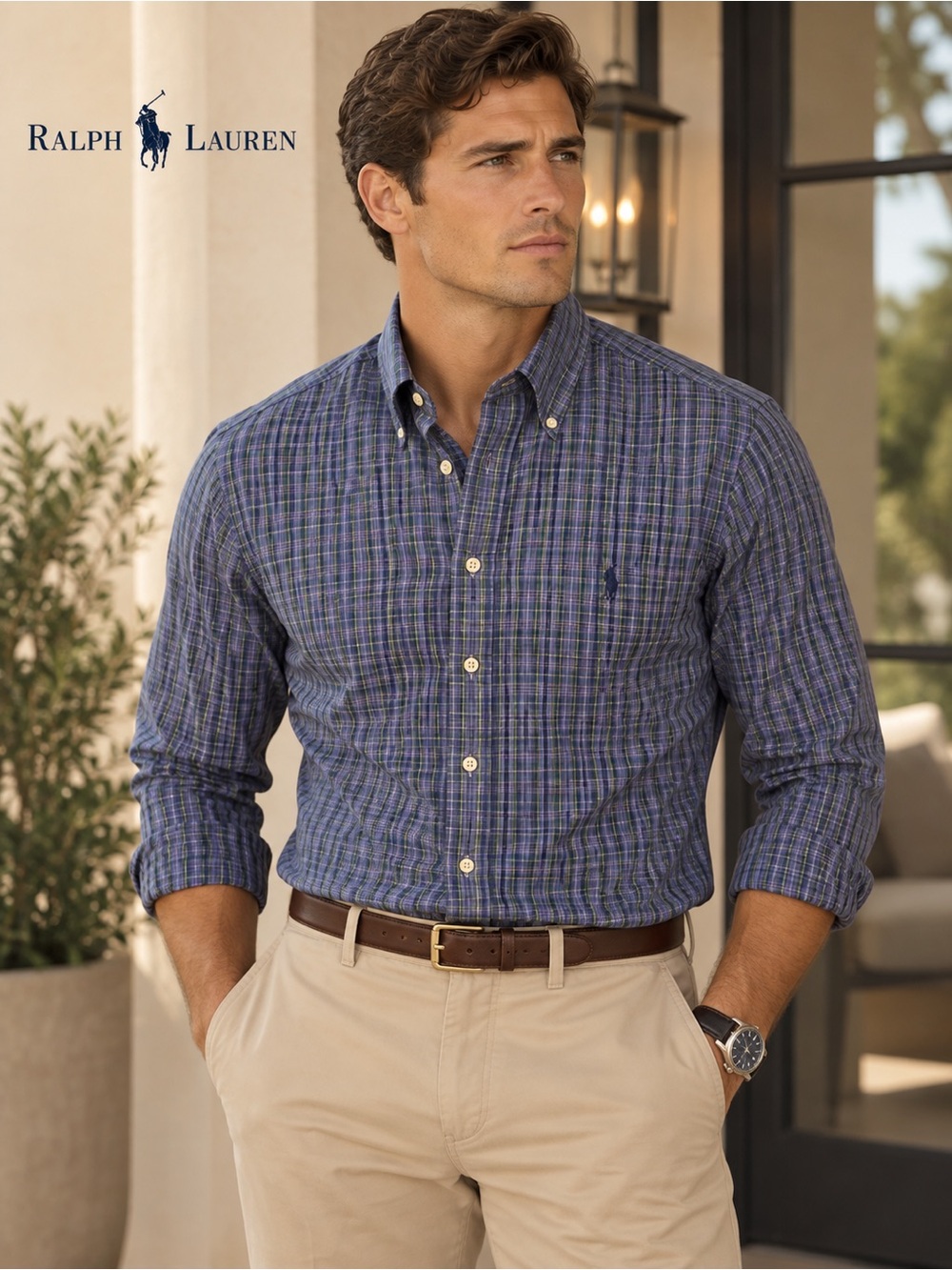Ralph Lauren Navy and Green Plaid Button-Down Shirt 17  34-35